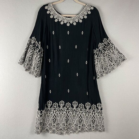 Sundance Embroidered Dress Womens Large Black Palace Bell Sleeve Peasant Boho - Picture 1 of 15
